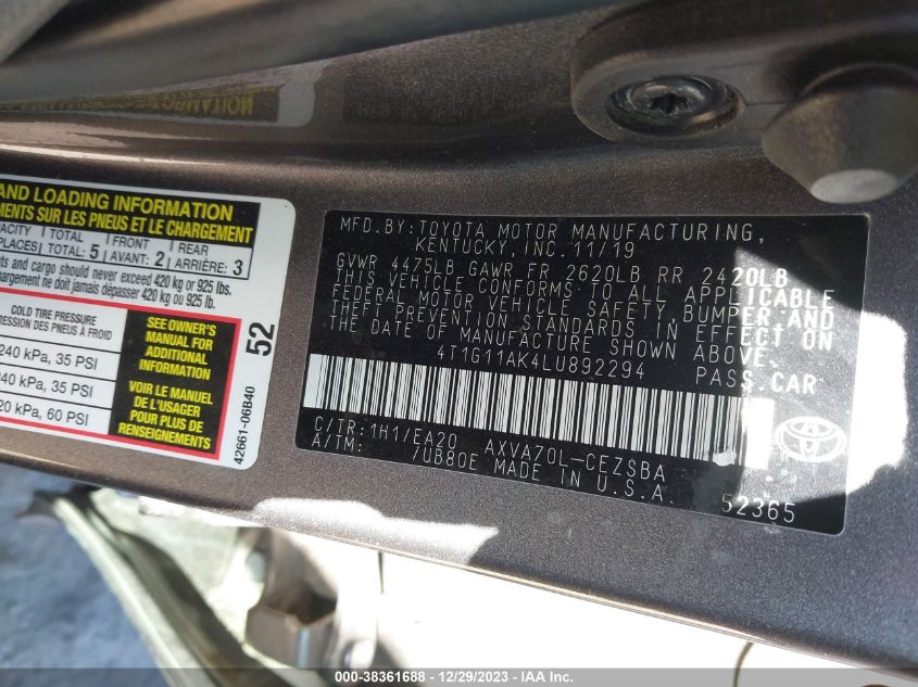 2020 TOYOTA CAMRY SE - 4T1G11AK4LU892294