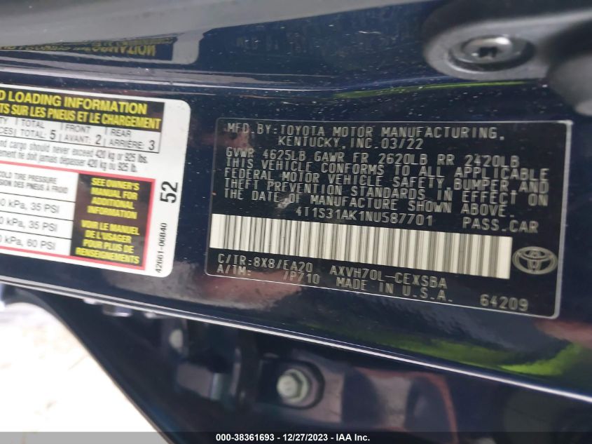 2022 TOYOTA CAMRY SE HYBRID - 4T1S31AK1NU587701