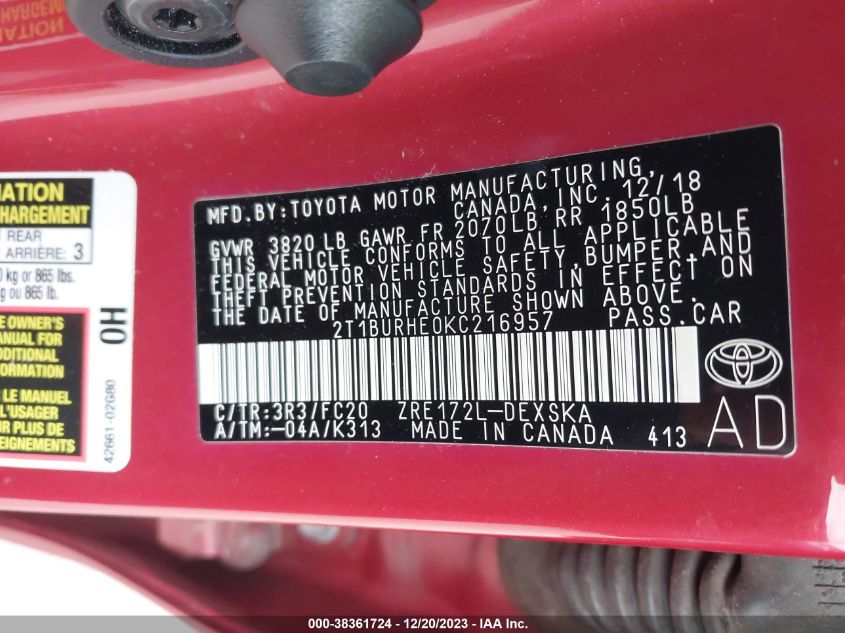 VIN 2T1BURHE0KC216957 2019 TOYOTA COROLLA SE