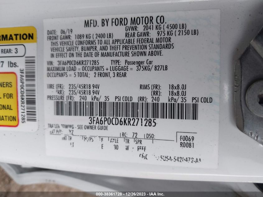 2019 FORD FUSION SEL - 3FA6P0CD6KR271285