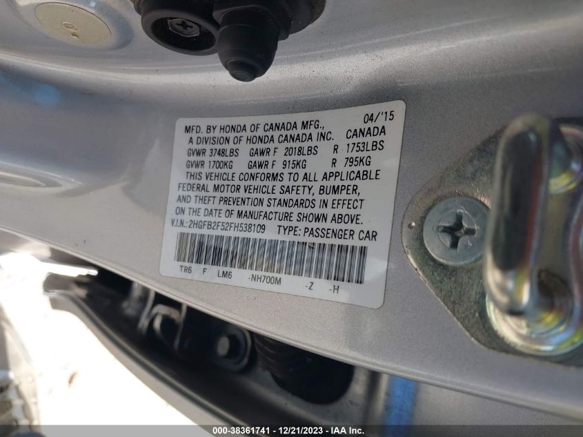 2015 HONDA CIVIC LX - 2HGFB2F52FH538109