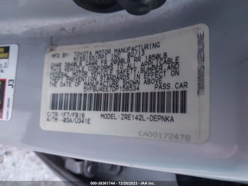 2013 TOYOTA COROLLA LE - 5YFBU4EE7DP158534