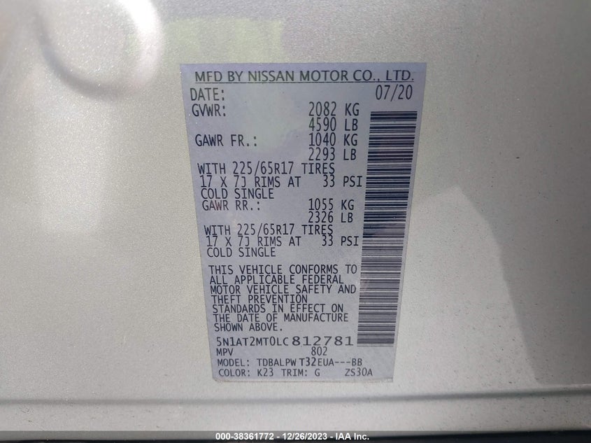 VIN 5N1AT2MT0LC812781 2020 NISSAN ROGUE S/SL/SV