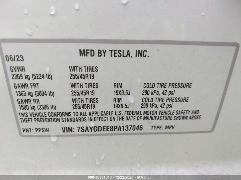 VIN 7SAYGDEE8PA137046 2023 TESLA MODEL Y