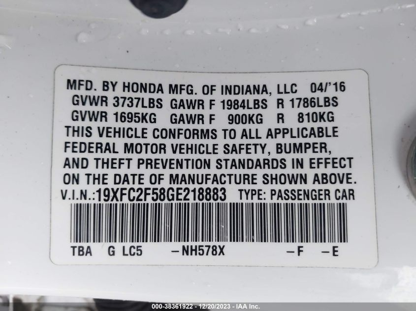 2016 HONDA CIVIC LX - 19XFC2F58GE218883