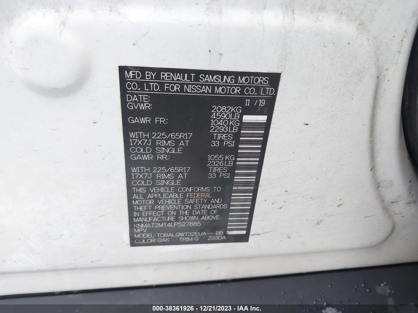 VIN KNMAT2MT4LP527885 2020 NISSAN ROGUE S/SV