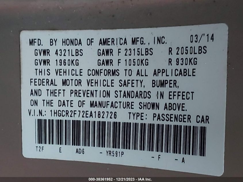 2014 HONDA ACCORD EX - 1HGCR2F72EA182726