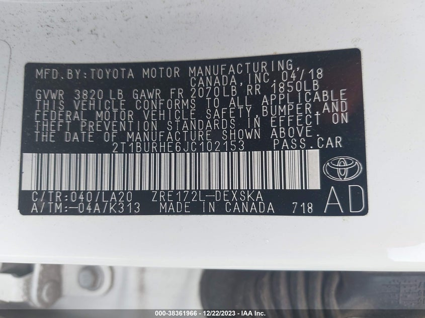 VIN 2T1BURHE6JC102153 2018 TOYOTA COROLLA L/LE/XLE/SE/XSE