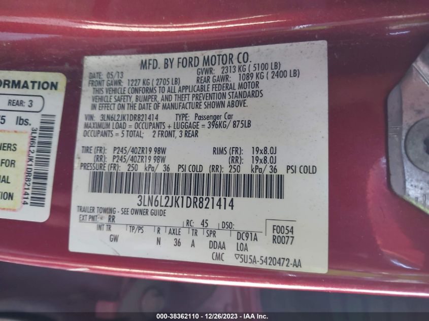2013 LINCOLN MKZ - 3LN6L2JK1DR821414