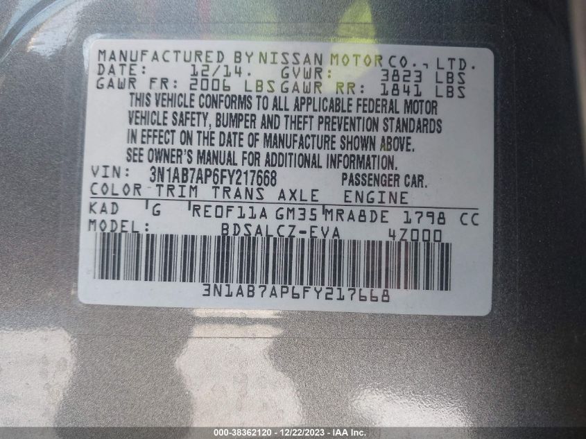 2015 NISSAN SENTRA S - 3N1AB7AP6FY217668