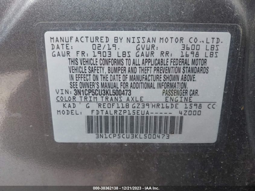 2019 NISSAN KICKS S/SR/SV - 3N1CP5CU3KL500473