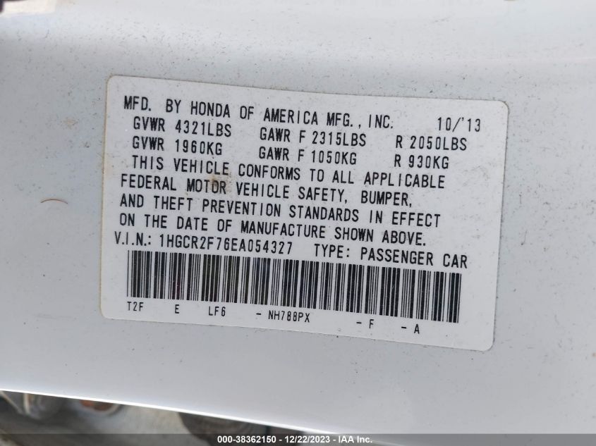 2014 HONDA ACCORD EX - 1HGCR2F76EA054327