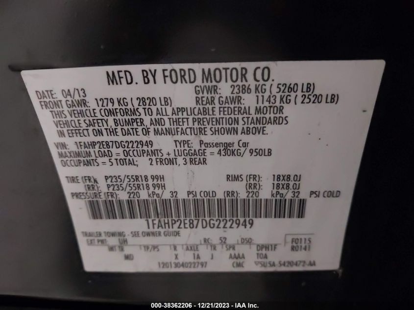 2013 FORD TAURUS SEL - 1FAHP2E87DG222949