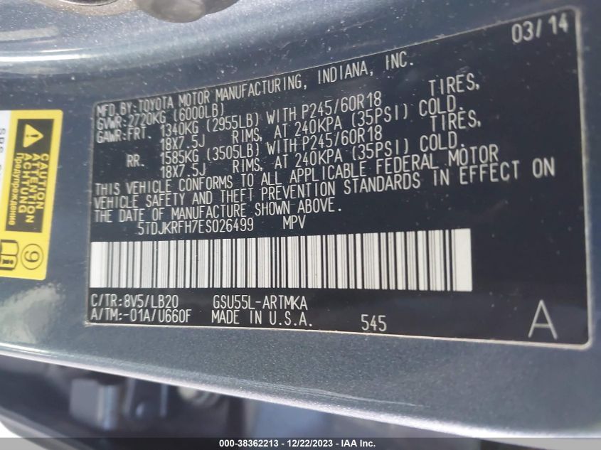 2014 TOYOTA HIGHLANDER XLE V6 - 5TDJKRFH7ES026499