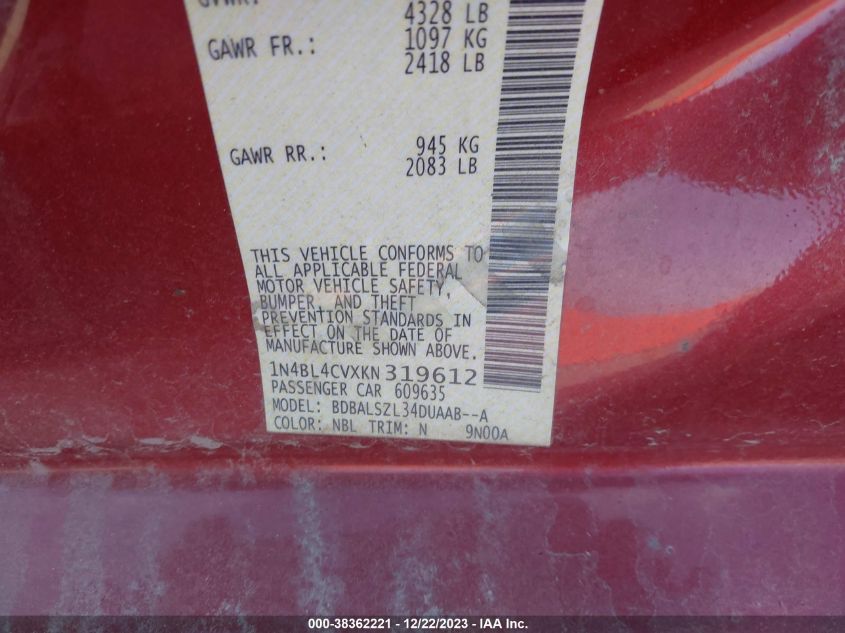 2019 NISSAN ALTIMA 2.5 SR - 1N4BL4CVXKN319612