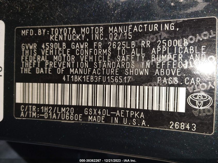 2015 TOYOTA AVALON LIMITED - 4T1BK1EB3FU156517