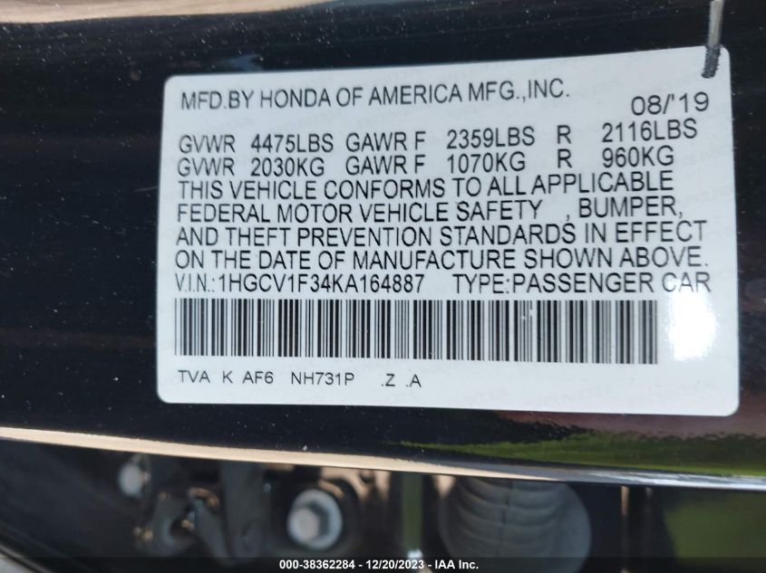 2019 HONDA ACCORD SPORT - 1HGCV1F34KA164887
