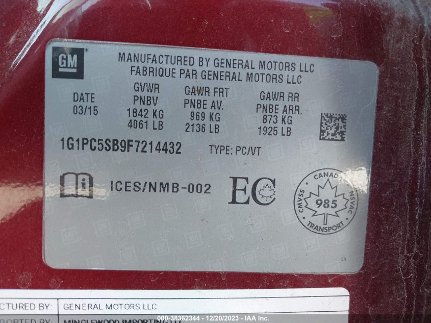 2015 CHEVROLET CRUZE 1LT AUTO - 1G1PC5SB9F7214432