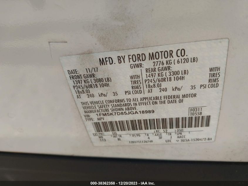 2018 FORD EXPLORER XLT - 1FM5K7D85JGA18989