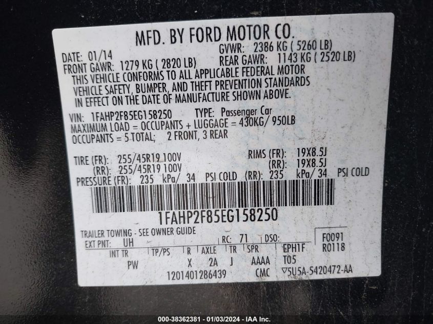 2014 FORD TAURUS LIMITED - 1FAHP2F85EG158250