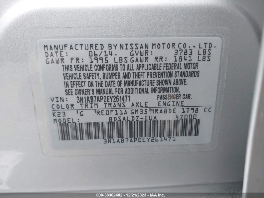 2014 NISSAN SENTRA FE+ S/FE+ SV/S/SL/SR/SV - 3N1AB7AP0EY261471
