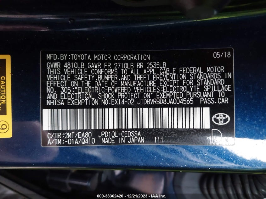 VIN JTDBVRBD8JA004565 2018 TOYOTA MIRAI