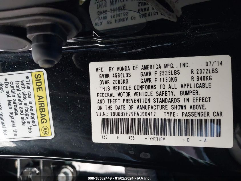 2015 ACURA TLX V6 ADVANCE - 19UUB2F79FA000417
