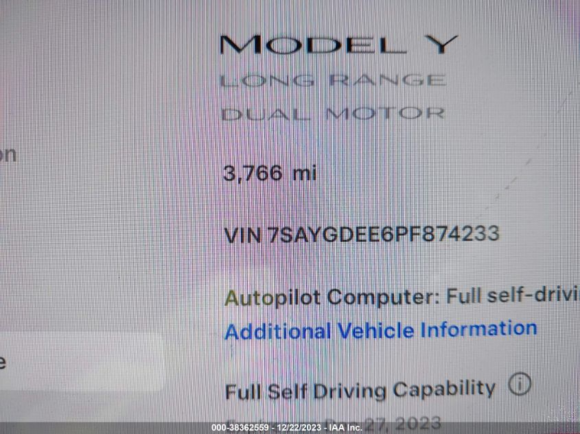 2023 TESLA MODEL Y AWD/LONG RANGE DUAL MOTOR ALL-WHEEL DRIVE - 7SAYGDEE6PF874233