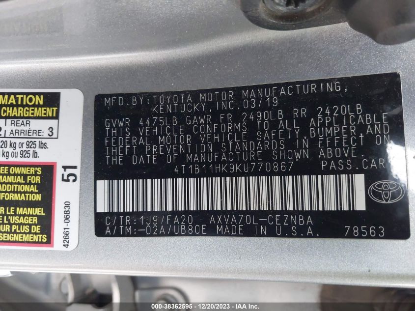 2019 TOYOTA CAMRY LE - 4T1B11HK9KU770867