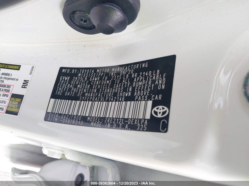 VIN 5YFEPRAE9LP142146 2020 TOYOTA COROLLA LE
