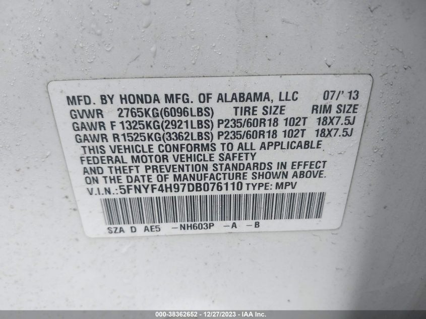2013 HONDA PILOT TOURING - 5FNYF4H97DB076110
