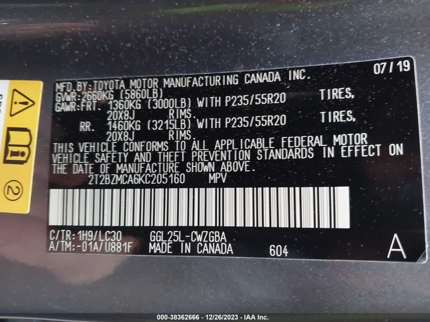 VIN 2T2BZMCA6KC205160 2019 LEXUS RX 350 F SPORT