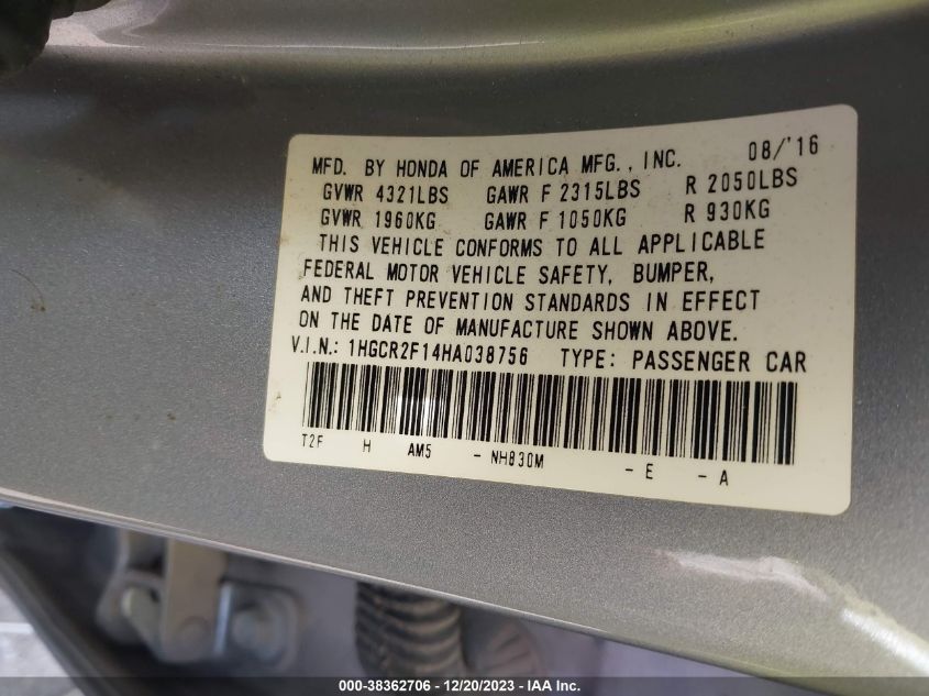 2017 HONDA ACCORD SPORT SE - 1HGCR2F14HA038756