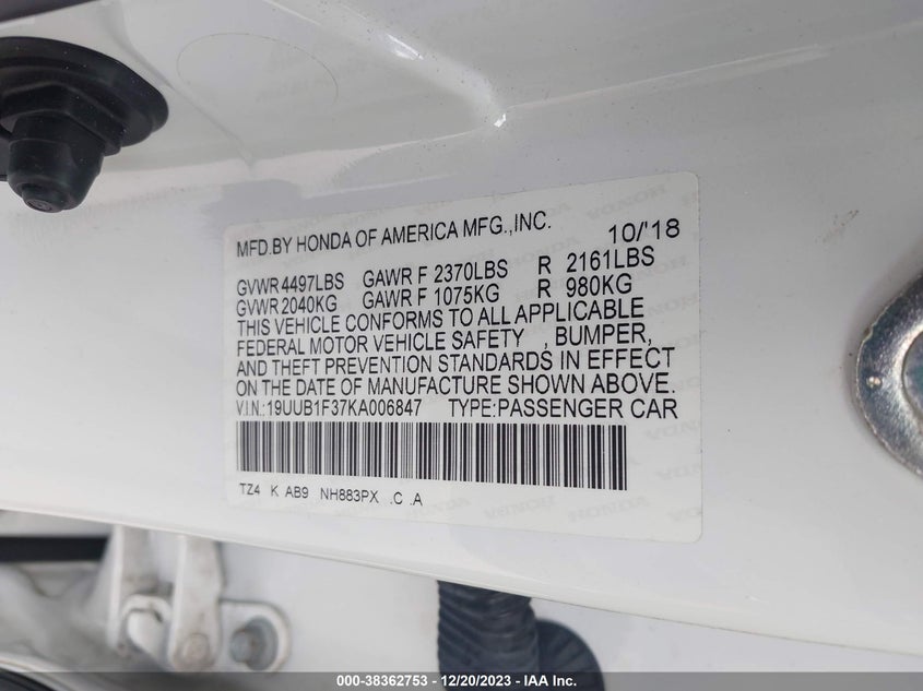 VIN 19UUB1F37KA006847 2019 ACURA TLX