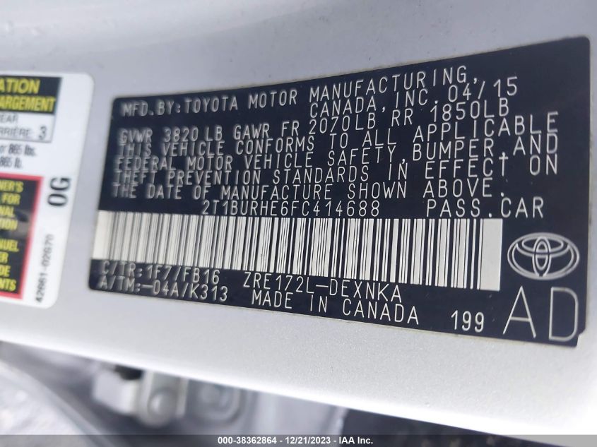 2015 TOYOTA COROLLA L/LE/LE PLS/PRM/S/S PLS - 2T1BURHE6FC414688