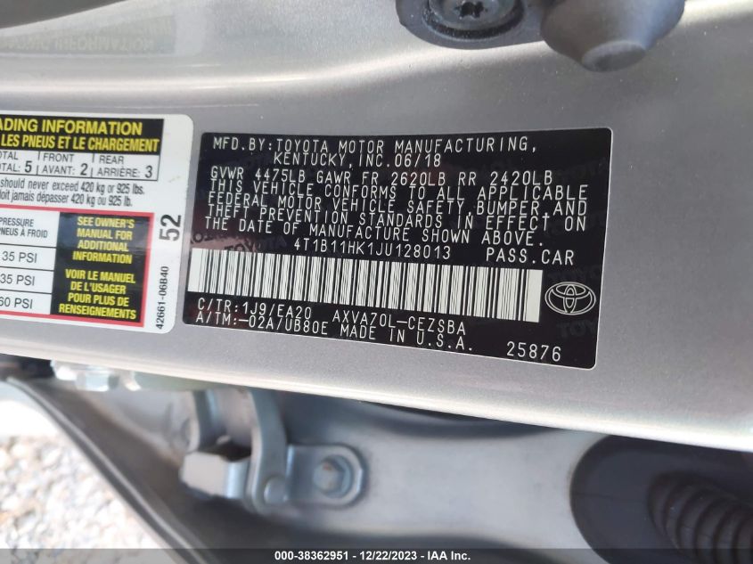 2018 TOYOTA CAMRY L/LE/XLE/SE/XSE - 4T1B11HK1JU128013