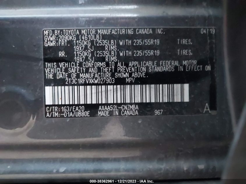 2019 TOYOTA RAV4 XLE PREMIUM - 2T3C1RFVXKW027903