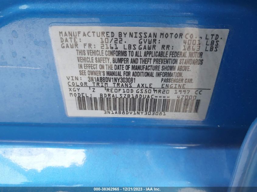 2022 NISSAN SENTRA SR - 3N1AB8DV1NY303081