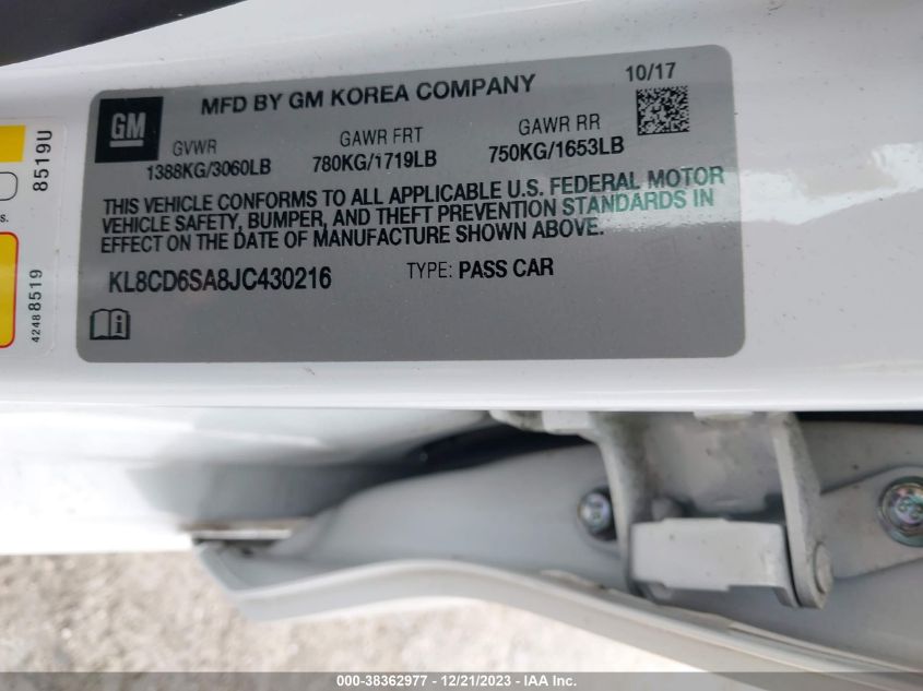 2018 CHEVROLET SPARK 1LT - KL8CD6SA8JC430216