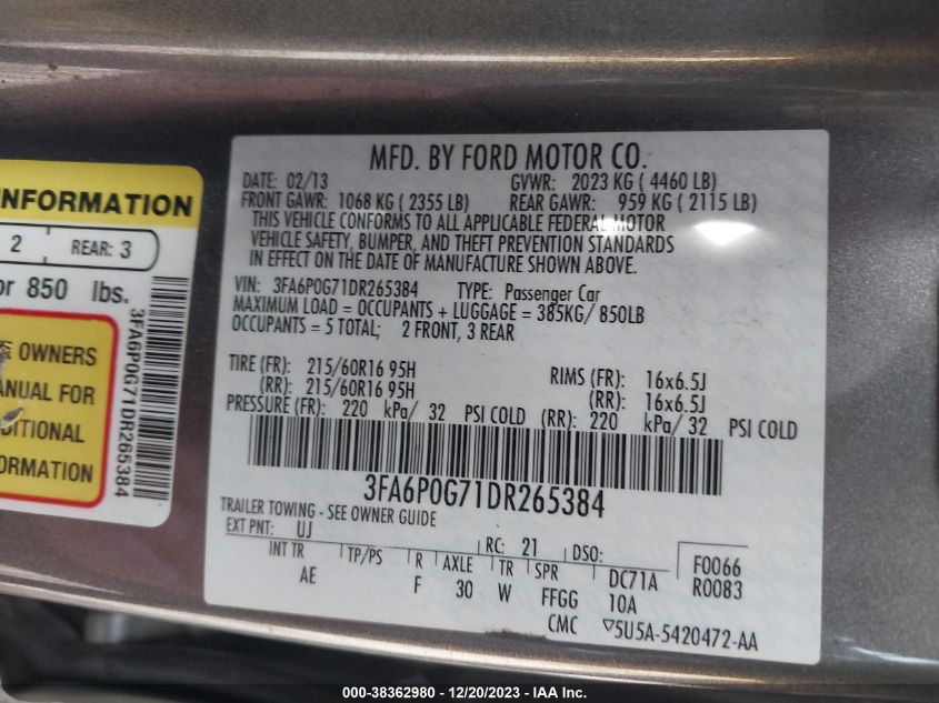 2013 FORD FUSION S - 3FA6P0G71DR265384