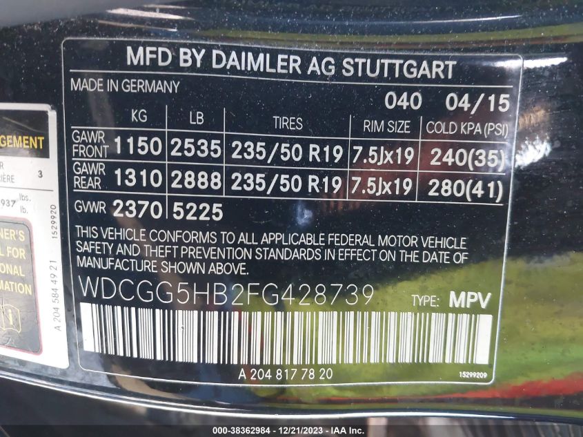 2015 MERCEDES-BENZ GLK 350 WDCGG5HB2FG428739