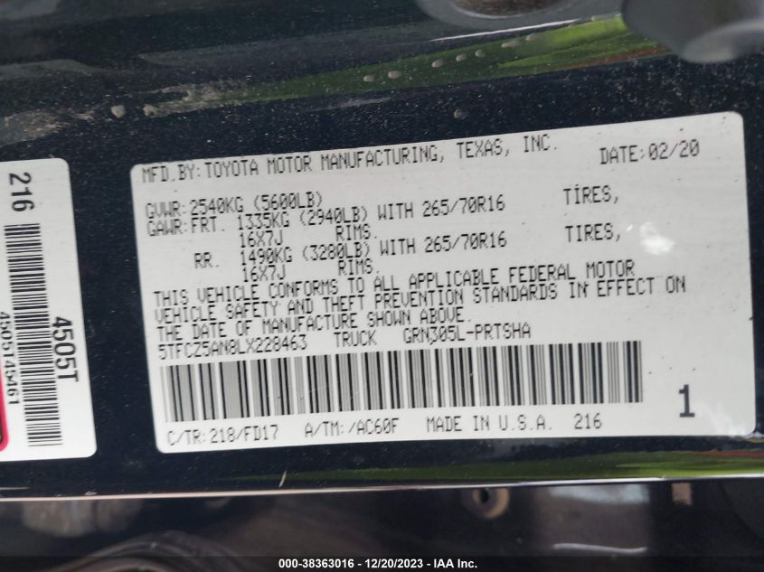 2020 TOYOTA TACOMA DOUBLE CAB/SR/SR5/TRD SPO - 5TFCZ5AN8LX228463