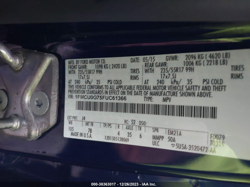 2015 FORD ESCAPE SE - 1FMCU0G75FUC61366