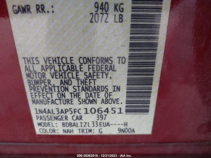2015 NISSAN ALTIMA 2.5/S/SV/SL - 1N4AL3AP5FC106451