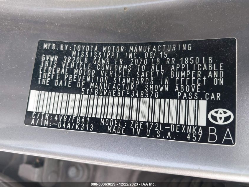 2015 TOYOTA COROLLA LE - 5YFBURHE8FP348970