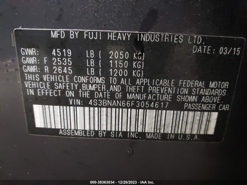 2015 SUBARU LEGACY 2.5I LIMITED - 4S3BNAN66F3054617