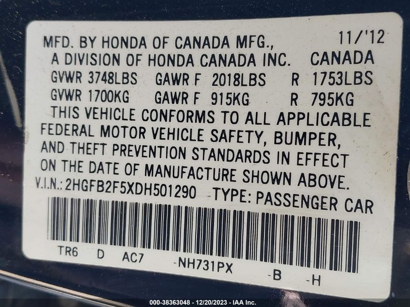 2013 HONDA CIVIC LX - 2HGFB2F5XDH501290