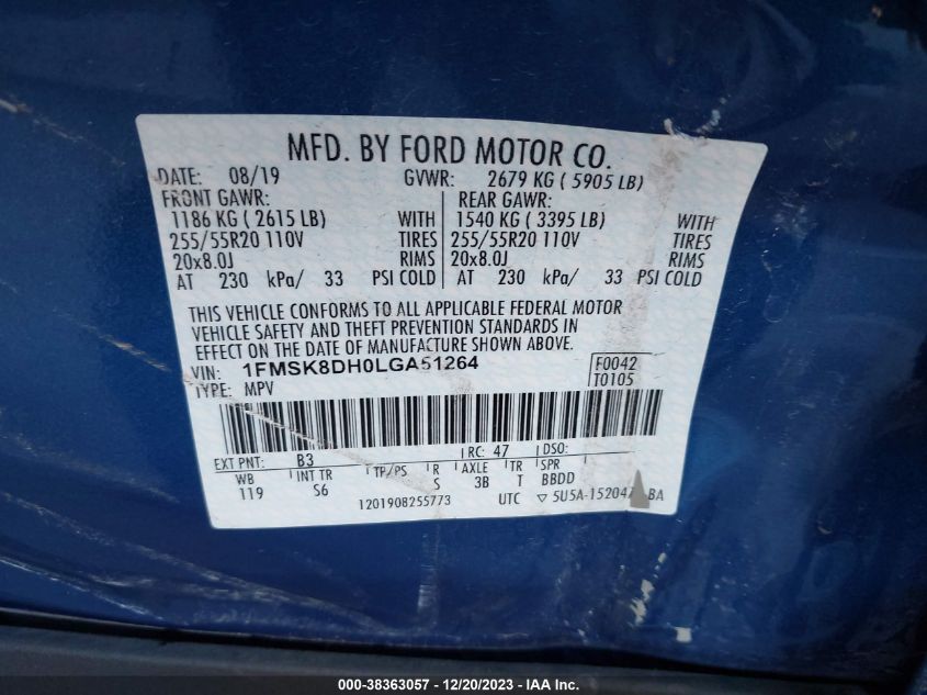 2020 FORD EXPLORER XLT - 1FMSK8DH4LGB03141