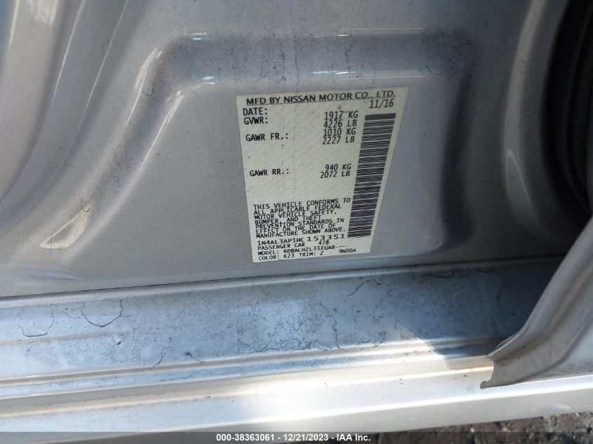 2017 NISSAN ALTIMA 2.5/S/SV/SL/SR - 1N4AL3AP1HC153351
