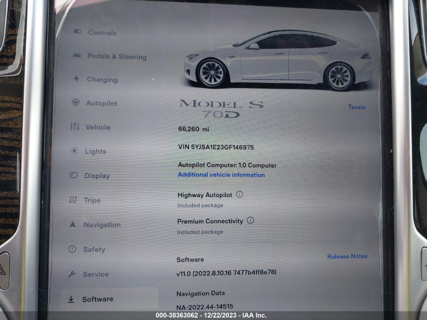 2016 TESLA MODEL S - 5YJSA1E23GF146975
